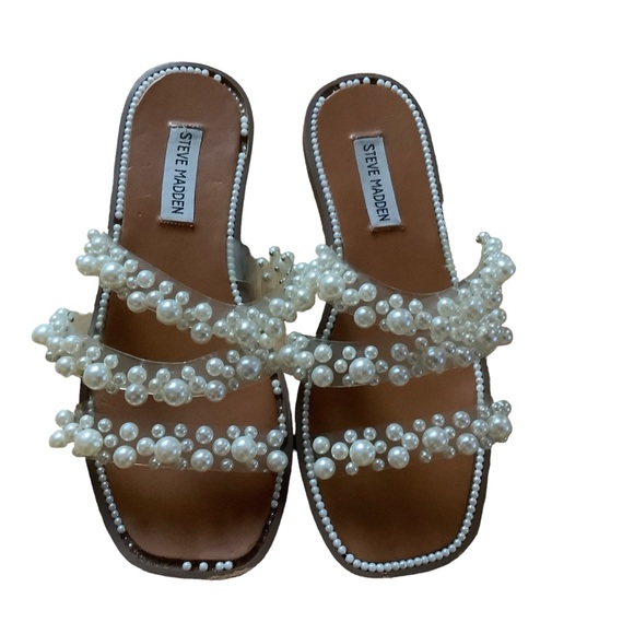 Steve Madden Taye womens embellished vinyl slide sandals with pearls size 9.5 - Picture 1 of 5